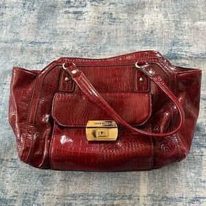 Anne Klein Dark Red Faux Patent Croc Leather Handbag w Gold Colored Accents